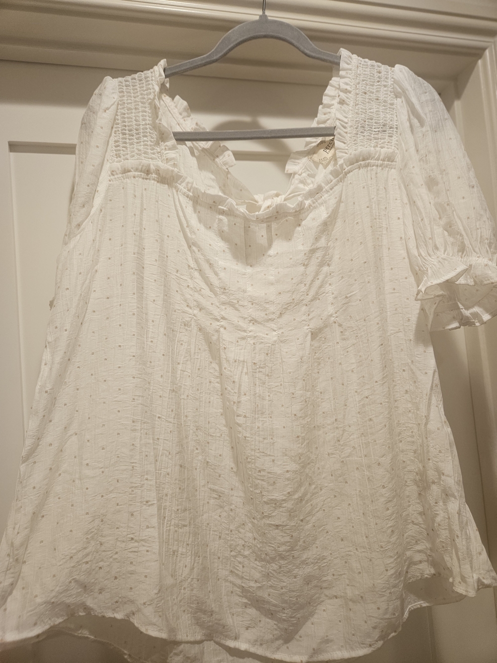 White Swiss Dot Smocked-Neck Peasant Blouse